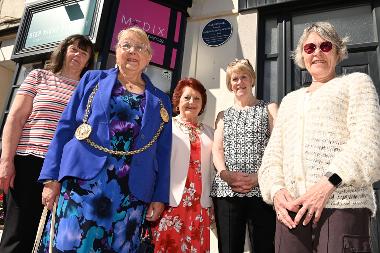 (LtR) Councillor Judith Taylor is pictured with the Mayor and Mayoress, Barbara Compton and Jean Stokes, as the blue plaque to Joseph Mason Moore is unveiled in Harton Village.